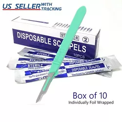 ITEM:10 DISPOSABLE STERILE SURGICAL SCALPELS #15 CARBON STEEL BLADE WITH PLASTIC GRADUATED HANDLE. Sterilized by gamma...