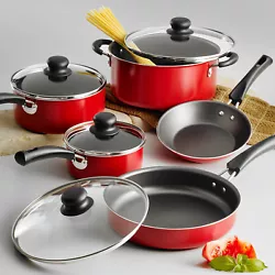 Complete cookware set with nonstick interior for easy cooking and cleaning. Set includes: 7