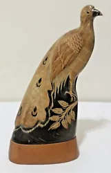 Barry Stein Signed Dated Carved Peacock. Cattle Horn with Wood Base.