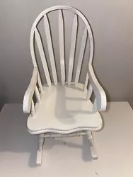 Wooden Doll Rocking Chair. Some wear and tear. See pics for size and condition.Color paint: white Very cute