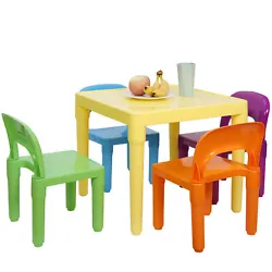 The table and chairs can quickly be disassembled for easy storage and to maximize space. The chairs are orange, green,...