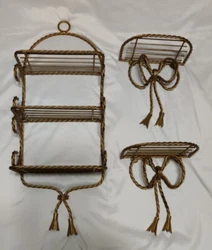 Three Goldtone Twisted Rope Metal Shelves With Tassels One Large Piece With 3 Shelves and Two Smaller Shelves.  Some...