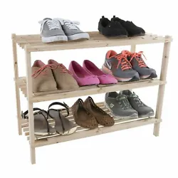 Wooden Shoe Rack Storage Shelf 3 Shelves Hallway Entryway Holds 9 Pairs.