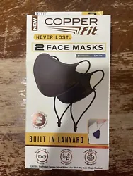 Copper Fit Never Lost Face Masks w/Lanyard 1 Blue & 1 Charcoal/Black New 2 Pack.