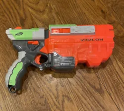 NERF Vortex Vigilon Disc Blaster Gun Tested & In Working Condition. 4 Bullets. 4 Bullets not pictured are included
