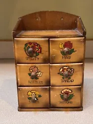 VINTAGE WOOD SEWING BOX ORGANIZER PINS NEEDLES BUTTONS FLOWER MOTIF 6 DRAWERS. Measures 8 3/4” tall, 5 3/4” wide, 3...