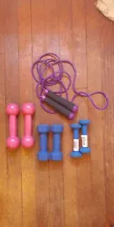 Item includes 1lb pair of weights by Bollinger, 2lb pair of weights by CAP and 3lb weights by Danskin. Jump rope is...