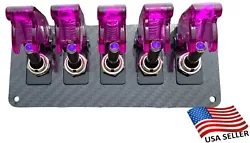 5 INDIGO LED Toggle Switches with PURPLE Covers. 5 hole real carbon fiber plate; lightweight and durable. 2 mm thick...