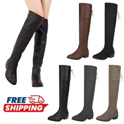 Thigh-high riding boots feature a upper PU leather. Pull-on wear with inner half zipper closure and adjustable...