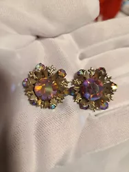 Vintage Aurora Borealis AB Rhinestone Cluster Clip Earrings Prong j1. Some wear and discoloration on metal please see...