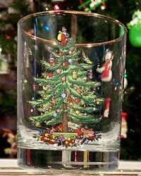 Spode Christmas Tree 12oz DOUBLE OLD FASHION Low Ball Glass: Gold Rim • REPLACEMENT Glass • all 4 glasses are in...