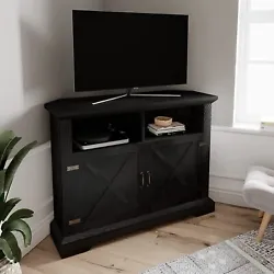 Subtle Designing: This corner tv stand has a polygonal support surface and the body of the cabinet contains two side...
