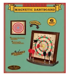Includes 1 reversible dartboard and six magnetic darts. Sturdy wooden construction.