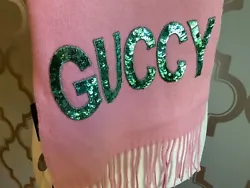 New, authentic Gucci scarfLight PinkGreen sequin lettering, says “GUCCY”51% silk, 49% cashmere9.75 x...