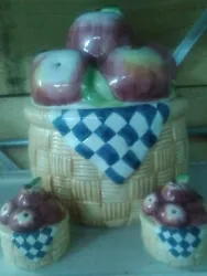 Red Apple basket Cookie Jar With Salt And Pepper Shaker. Does have a small chip on inside rim of inside of  jar.
