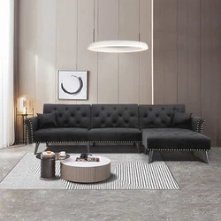 Reversible Upholstered Sectional Sofa Couch with Ottoman, L-Shape Velvet Convertible Sleeper Bed Nailhead Trim for...