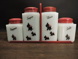 HTF McKEE Tipp City SCOTTY DOG Milk Glass Spice Set-Excellent Condition!