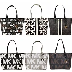 MK logo (PVC letaher), Solid(saffiano). Double Rolled leather handles with 9