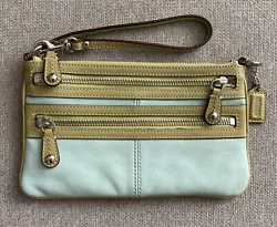 COACH Wristlet Light Blue,Swamp Green Leather Purse. Used but still in good condition
