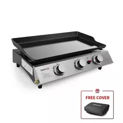 This griddle has 3 round, stainless-steel burners, which provide a total of 27,000 BTUs output. Large space are perfect...