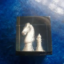 Vintage chess game acrylic lucite block paperweight horse hong kong. Some wear and scratches.
