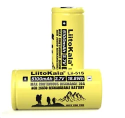 Une batterie rechargeable Liitokala 26650 Li.ion 3.7V 5100mAh poids 95 grammes Courant de décharge max 20A - tension...