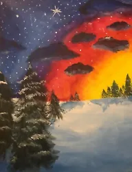 Winter Painting featuring a Sunrise over a Snowy Landscape. It is an original art piece done by me. Perfect for any...