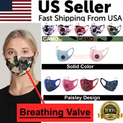 Fashion Face Mask with Breathing Valve. Air breathing valve for comfort. Face Mask Black Washable Reusable Breathable...