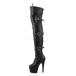 Lace up triple buckle thigh high platform boot has full inner zipper. Color: BLACK POLYURETHANE (LEATHER LOOK). YOU ARE...