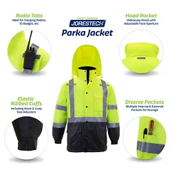 Hi-Vis Parka Safety Jacket with Reflective Stripes Be safe and visible with this high-visibility parka jacket....