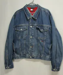 Vintage Tommy Jeans Tommy Hilfiger Blue Jean Trucker Jacket. Has Several Flag Logo Accents. Some fading/distressing at...