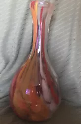 Hand Blown Glass Vase, Swirl Art Glass Reds/oranges 7in Tall.