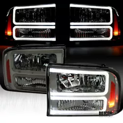 Fit 1999-2004 Ford F250 F350 F450 LED Tubes Smoke Headlights Left+Right 99-04.