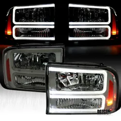 Fit 1999-2004 Ford F250 F350 F450 SuperDuty Smoke LED Tube Headlights Left+Right.