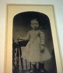 Standing on Chair, Little Gold Tinted Jewelry! Wonderful Portrait of Adorable Fashion Dress Child! Scantic Antique.