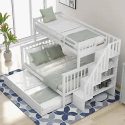 Twin over Full Bunk Bed with Trundle, Wooden Bunk Bed with Stairway, Storage and Guard Rail for Kids, Adults (White)....