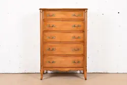 A gorgeous French Provincial Louis XV style five-drawer highboy dresser. Carved solid beech wood in provincial walnut...