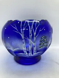 Fenton Art Glass Winter Scene Cobalt Blue Rosebud Bowl Vase Hand Painted Signed By J Cutshaw. GLOWS!