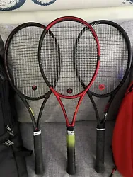 3 Tennis Rackets And Bag Head/Dunlop. 2 Dunlop cx 200 tours - 1 special edition black and one red, both strung with...