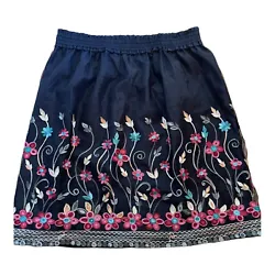 August Silk brand Black Colorful Silk Mesh Tulle Embroidered Floral Midi Skirt. Size Large. Preowned excellent...
