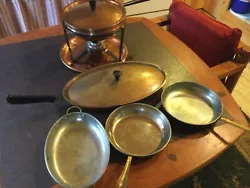 LOT OF 8 PIECES COPPER COOKWARE, INCLUDES ELONGATED FISH PAN WITH LID, TRAY,3 PANS (one marked France), CHAFING PAN WIT...