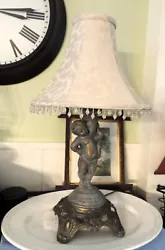 Antique Bronze Victorian Cherub Table Lamp with Choice of Shade, Both in Very Good Condition. Lamp with the Beige Cloth...