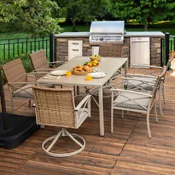 7-Piece Patio Dining Set: The elegant patio conversation set features a rustic wicker style supported by stable and...