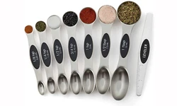 7 spoons in Convenient Sizes: 1/8 tsp, 1/4 tsp, 1/2 tsp, 3/4 tsp, 1 tsp, 1/2 Tbsp, 1 Tbsp plus Leveler. MAGNETIC FOR...