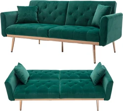 Velvet Sofa Convertible Sleeper Sofa,Modern Tufted Sofa Bed with 2 Throw Pillow & Gold Plating Base 5 Leg, Adjustable...