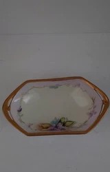 Antique Dresser Trinket Dish Porcelain China Kayser Hand Painted violets Austria heavy gold trim on rim and handles....