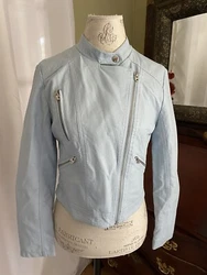 Forever 21 Moto Jacket Womens Medium Baby Blue Faux Leather Vegan Pockets.