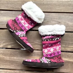 Pink, brown and ivory in color, intarsia snowflake knit, pull on style. Round toe, rubber textured sole with genuine...