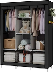 Portable Wardrobe Closet Organizer Non-Woven Fabric Cover with 6 Storage Shelves, 2 Hanging Sections and 4 Side...