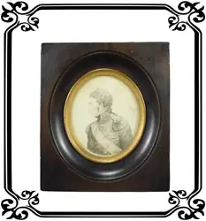 This is an antique and authentic French miniature drawn in pencil. The drawing features a portrait of a Marshal of the...